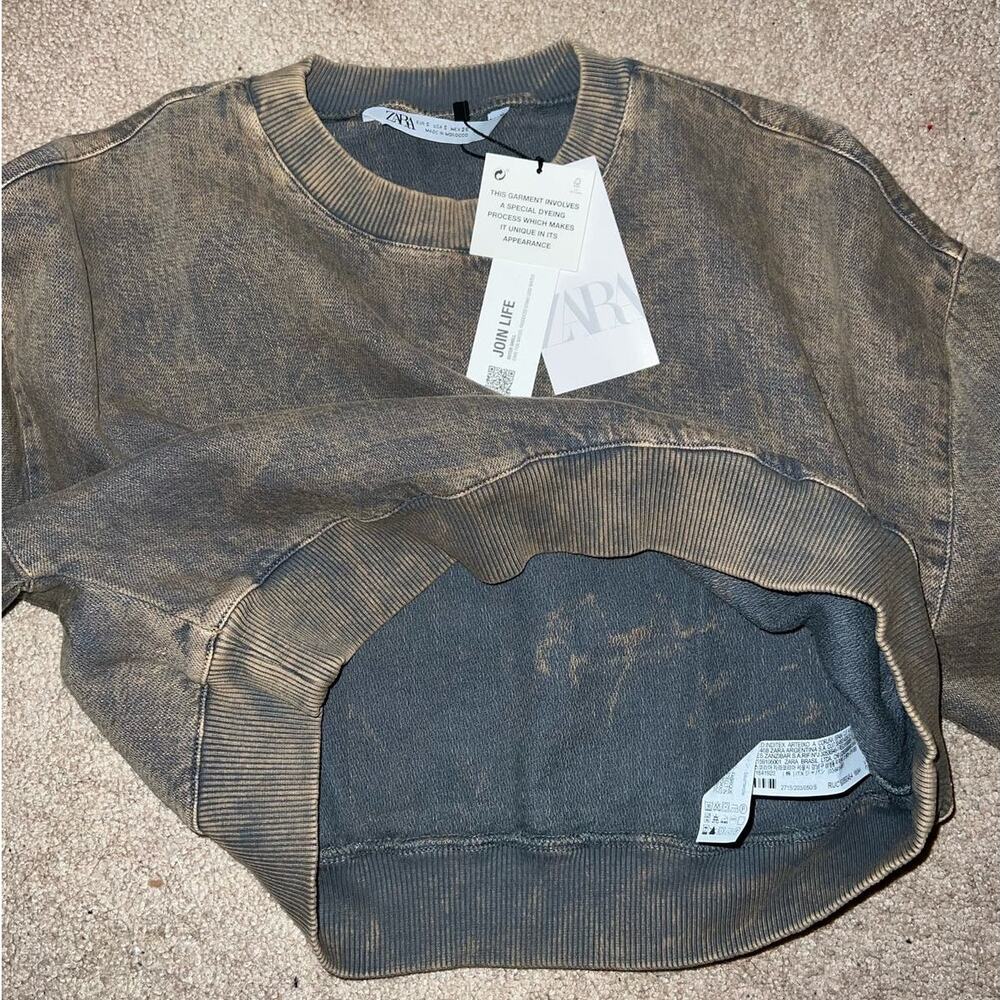 New ZARA Acid Washed Denim Cropped Sweatshirt size S - Picture 5 of 7